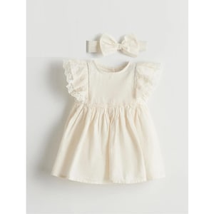 Cream Cotton Baby Girl Dress with Lace Trim & Headband: Elegant Summer Outfit