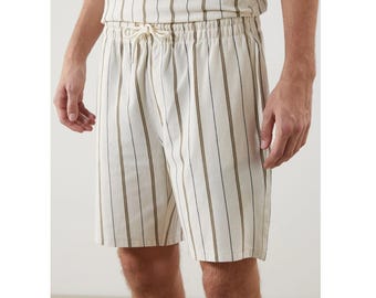 Men&#39;s Striped Cotton Lounge Shorts: Soft Knit, Elastic Waist Beachwear