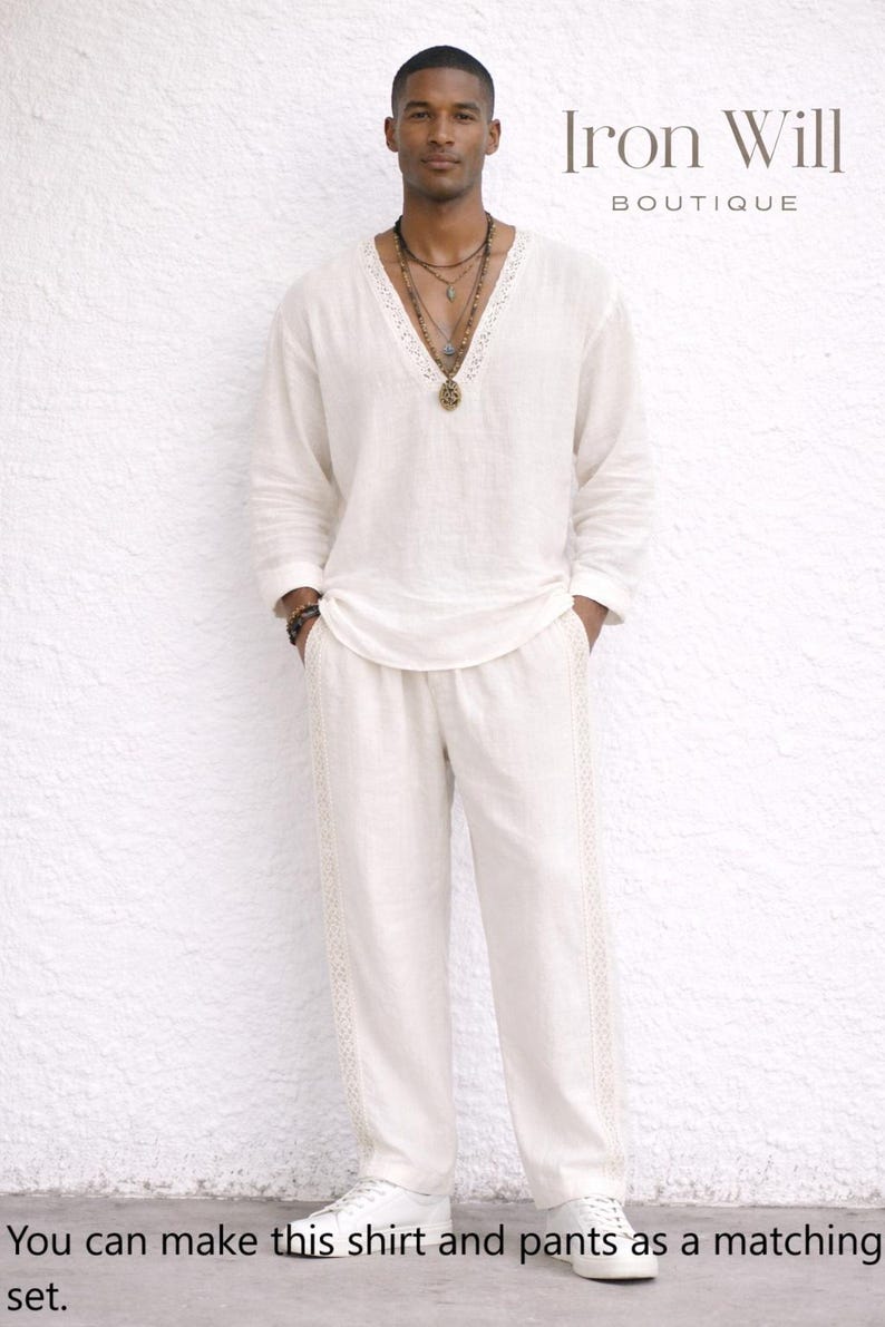 May include: Off-white linen shirt and pants set. The long-sleeved shirt has a V-neck with lace trim. The pants have a straight leg with lace detailing. The text "Iron Will BOUTIQUE" is in the upper right corner. The text "You can make this shirt and pants as a matching set" is at the bottom.
