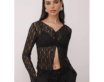Black Lace V-Neck Blouse, Sheer Knit Top, Long Sleeve Party Top