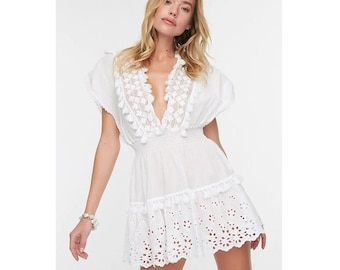 White Cotton Eyelet Mini Dress, Boho Beach Dress, Embroidered Summer Dress, V Neck Lace Dress, Lightweight Vacation Outfit