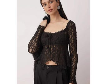 Square Neck Lace Blouse, Sheer Long Sleeve Evening Top