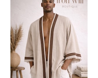 Kimono de muselina de algodón orgánico de 4 capas para hombre, bata de playa bohemia, cárdigan de verano