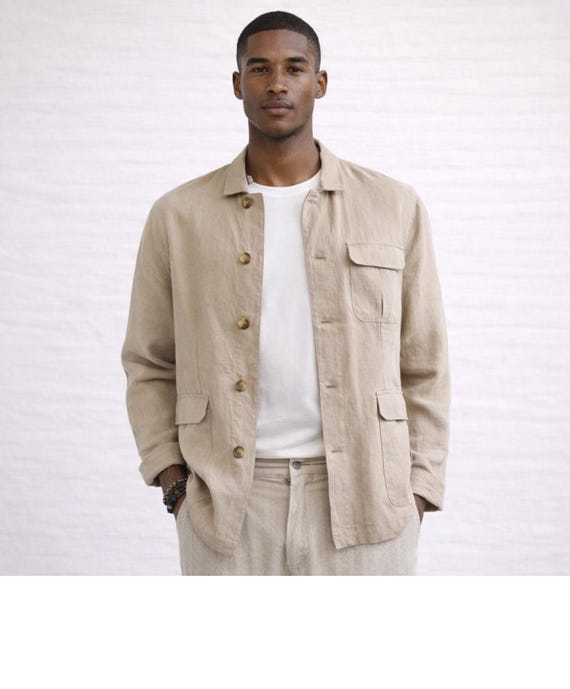 Men's Beige Linen Safari Jacket, Lightweight Button up Overshirt