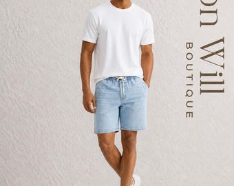 Men’s Indigo Denim Shorts, Loose Fit Elastic Waist Jean Shorts, Drawstring Cotton Shorts, Casual Summer Denim Shorts
