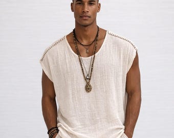 Men's Muslin Cotton Boho Shirt, Oversized Summer Beach Top,handmade stitch shirt