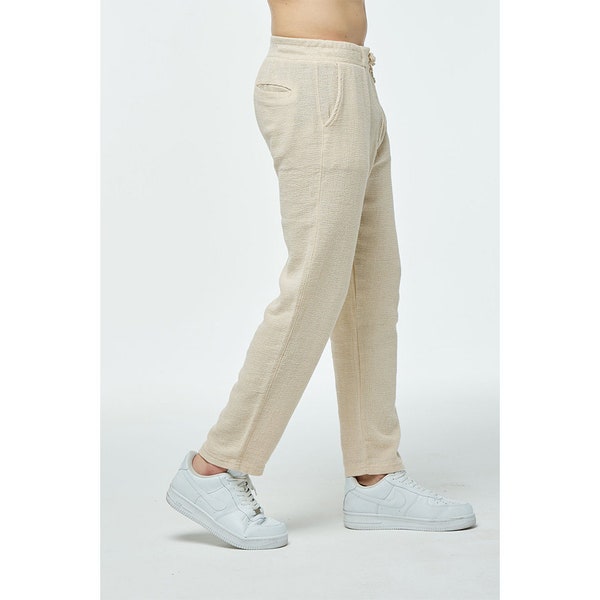 men's linen pants,summer elastic waist loos cotton linen pants,linen vacation beach pants