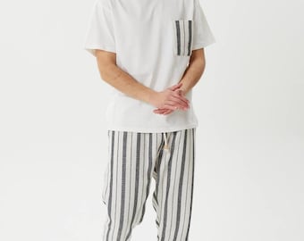 Men&#39;s Cotton Linen Outfit: Oversized T-Shirt & Drawstring Pants