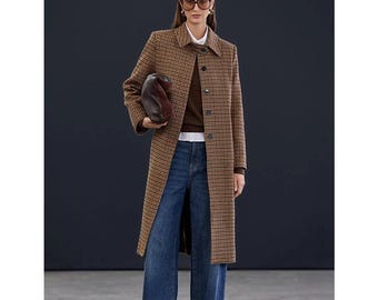 Houndstooth Wool Blend Long Coat, Vintage Style Winter Overcoat