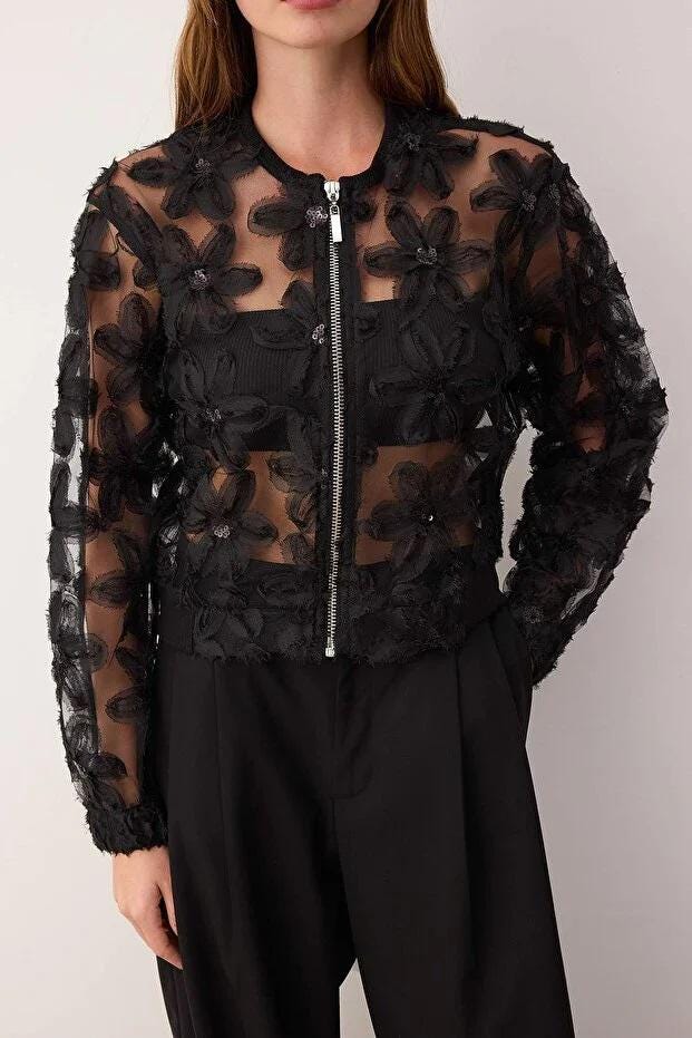 Sheer Floral Embroidered Bomber Jacket, Y2K Mesh Zip-up - Etsy