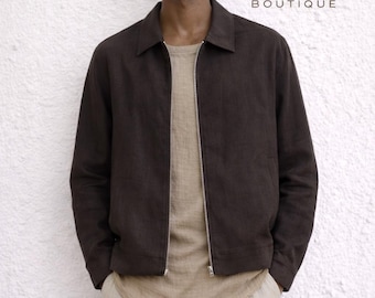Men's Brown 100% Linen Relaxed Fit Jacket, Lightweight Summer Shirt Collar Coat