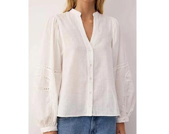 Boho Cotton Blouse with Lace Detail, Balloon Sleeve, V Neck, Casual Chic Top