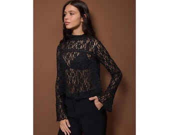 Black Floral Lace Blouse, Sheer Knit Long Sleeve Top