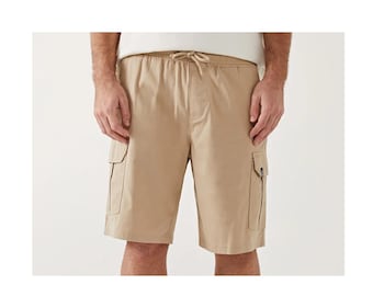 Men&#39;s Beige Cotton Cargo Shorts: Elastic Waist Gabardine Utility Shorts