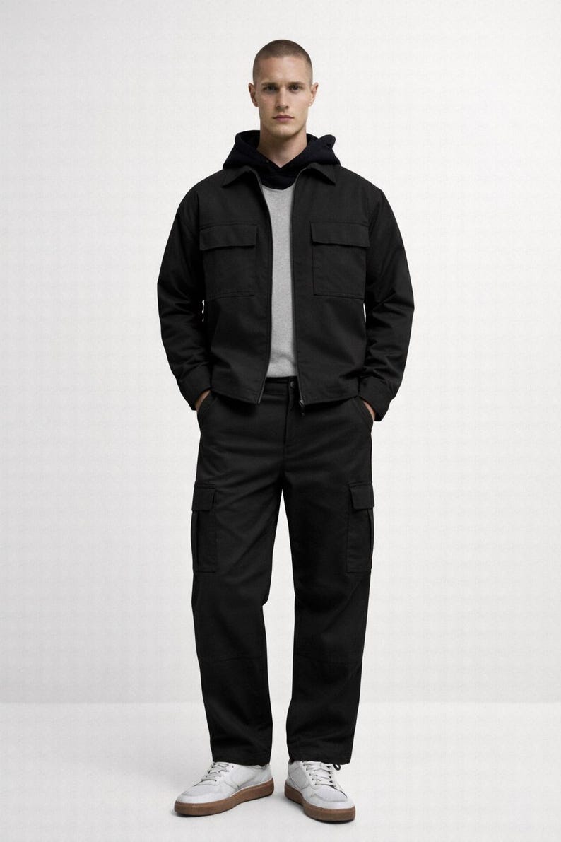 Men's Soft Cotton Cargo Set: Relaxed Fit Utility Jacket & Pants Black