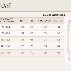 May include: An image of a size chart for pants, labeled "Iron Will." The chart shows measurements in centimeters for waist, hip, thigh, side length, and bottom, with sizes ranging from S-28 to 2XL-36. A diagram of the pants illustrates the measurement points.