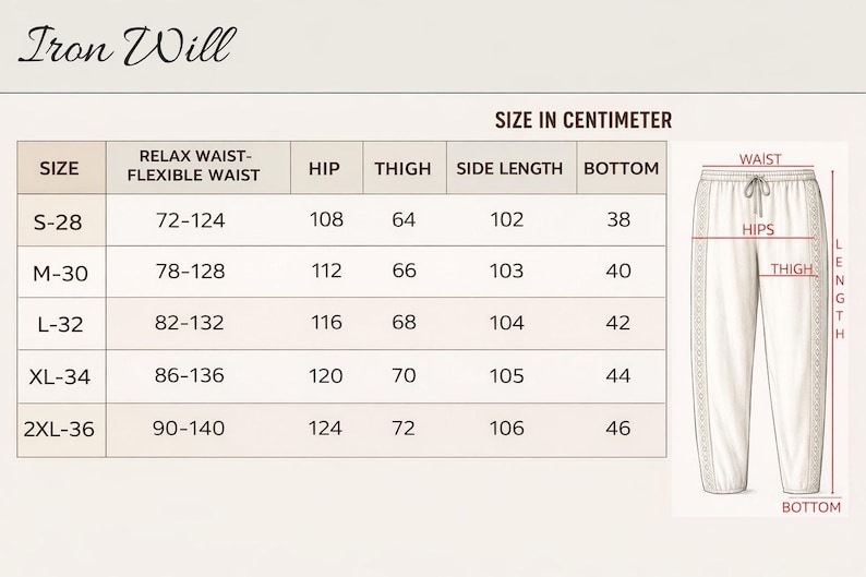 May include: An image of a size chart for pants, labeled "Iron Will." The chart shows measurements in centimeters for waist, hip, thigh, side length, and bottom, with sizes ranging from S-28 to 2XL-36. A diagram of the pants illustrates the measurement points.