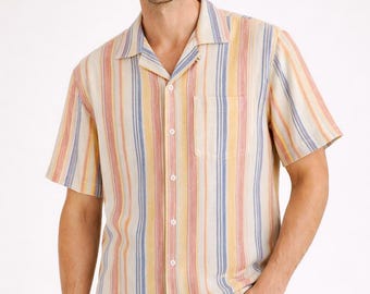 Boho Striped Cotton Men's Shirt: Short Sleeve Comfort