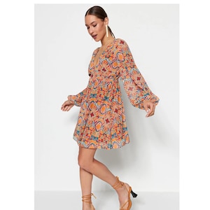 Elegant V-Neck Chiffon Mini Dress,Flowy A-Line Dress with Lining,Summer Cocktail Dress,Wedding Guest Dress,PartyDress,Lightweight ShortDress