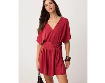 Beige Wrap Romper, Short Sleeve Belted Mini Jumpsuit, Cotton Summer Playsuit, Boho Casual Outfit, Lightweight Knit Romper Women