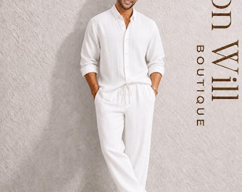 White Muslin Men's Set, Long Sleeve Shirt and Pants, Beach Outfit