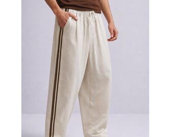 Men's Muslin Pants, Boho Lace Trim Trousers, Relaxed Fit Cotton Gauze Summer Beach Wear