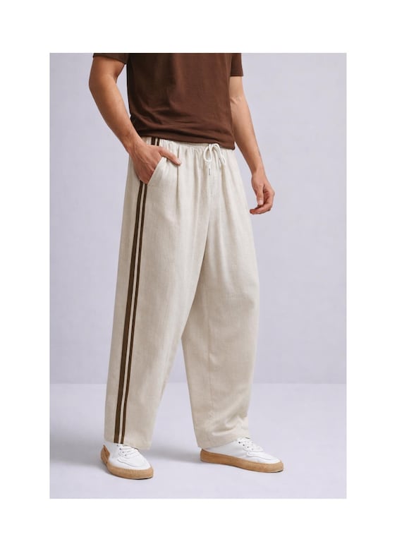Men's Muslin Pants, Boho Lace Trim Trousers, Relaxed Fit Cotton Gauze Summer Beach Wear