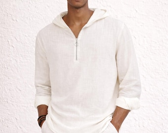 Camisa de algodón con capucha para hombre: color blanco roto, media cremallera, estilo lino veraniego.