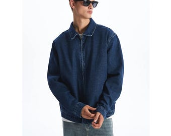Übergroße Jeansjacke für Herren, Warme gefütterte Jeansjacke mit Reißverschluss, Vintage Streetwear-Mantel