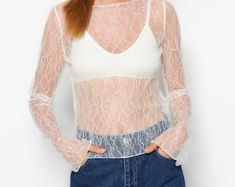 Handcrafted Sheer Lace Turtleneck Top - Long Sleeve Embroidered Blouse