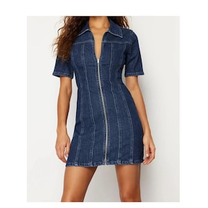 Mini Denim Zipper Dress: Fitted Indigo Cotton Lyocell