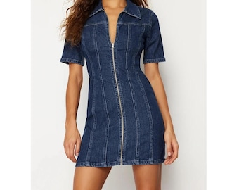 Mini Denim Zipper Dress: Fitted Indigo Cotton Lyocell