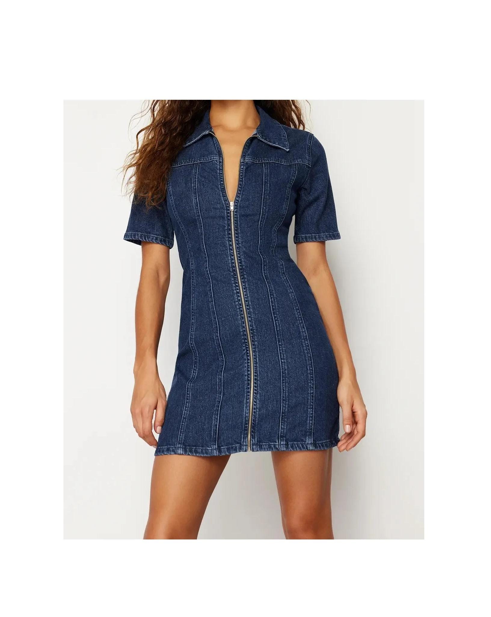 denim dress zipper Mini Dress: Fitted Indigo Cotton Lyocell Sleeveless denim mini dress with Color:Dark Fuchsia/Silver style: bump-friendly Black And Gold Chiffon Model is 56 and