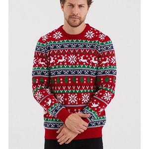 Men's Red Christmas Sweater, Knit Reindeer Pullover
