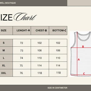 May include: A size chart for a tank top, with measurements in centimeters. The chart includes sizes S to XXL, with corresponding length, chest, and bottom measurements. The text "SIZE Chart" is at the top.