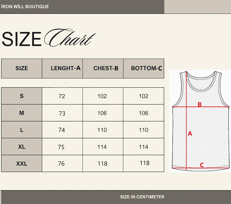 May include: A size chart for a tank top, with measurements in centimeters. The chart includes sizes S to XXL, with corresponding length, chest, and bottom measurements. The text "SIZE Chart" is at the top.