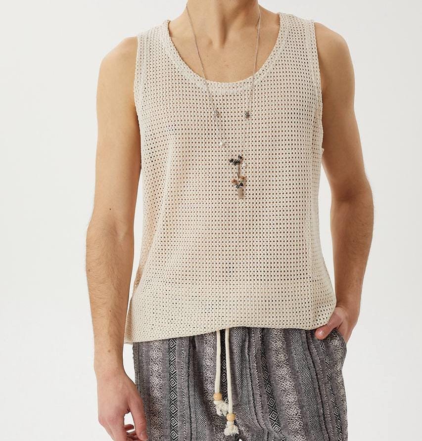 Handmade Boho Striped Knit Cotton Tank Top for Men – Lightweight Summer Fashion, Perfect for Beach or Festival Style