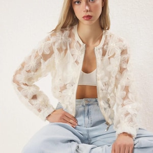 Sheer Floral Embroidered Bomber Jacket, Y2K Mesh Zip-up - Etsy