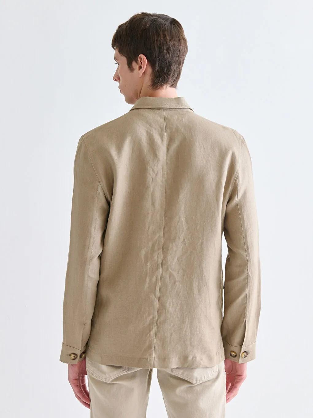 Men's Beige Linen Safari Jacket, Lightweight Button up Overshirt