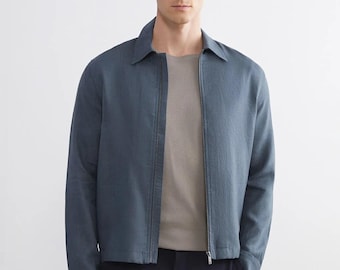 Men's Linen Zip-Up Jacket, Shirt Collar, Lightweight Outerwear