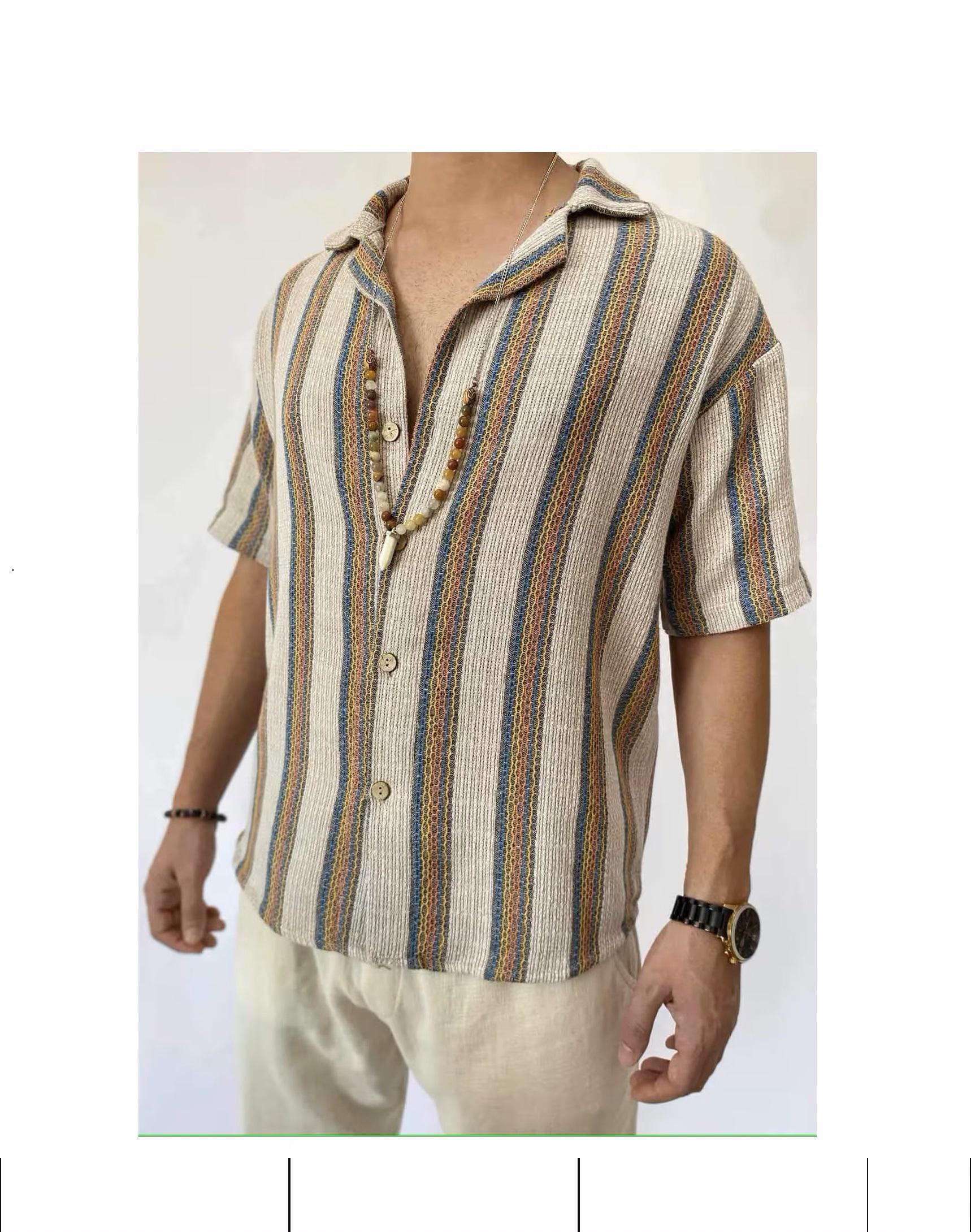 Boho Striped Cotton Men's Shirt: Short Sleeve Comfort