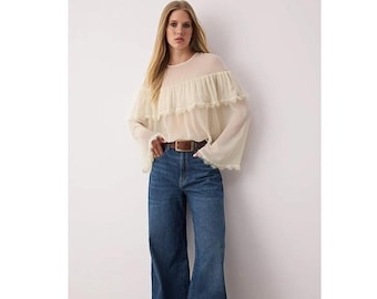 Sheer Chiffon Blouse: Elegant Ruffle Long Sleeve Top