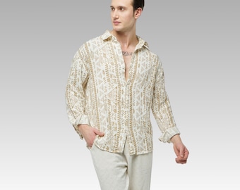 Retro Muslin Shirt: Oversized Print Men's Clothing