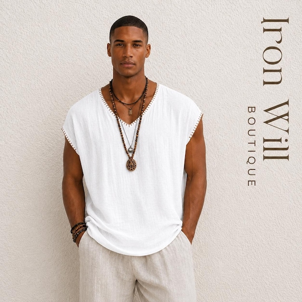 Men's Muslin Cotton Boho Shirt, Oversized Summer Beach Top,handmade stitch shirt