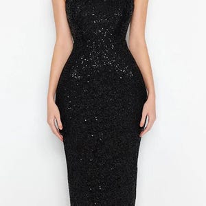 Black Sequin Mini Dress: Halter Neck Bodycon Cocktail Party Dress Long Dress