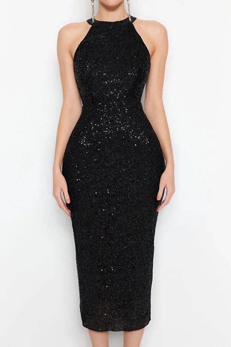 Black Sequin Mini Dress: Halter Neck Bodycon Cocktail Party Dress Long Dress