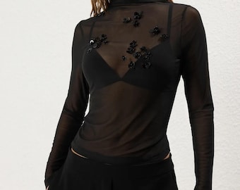Sheer Black Mesh Turtleneck Top, Embroidered Sequin Blouse