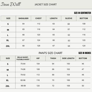 May include: Size chart for jackets and pants. The chart shows measurements in inches and centimeters for different sizes, including shoulder, chest, length, sleeve, bottom, hip, thigh, and side length.