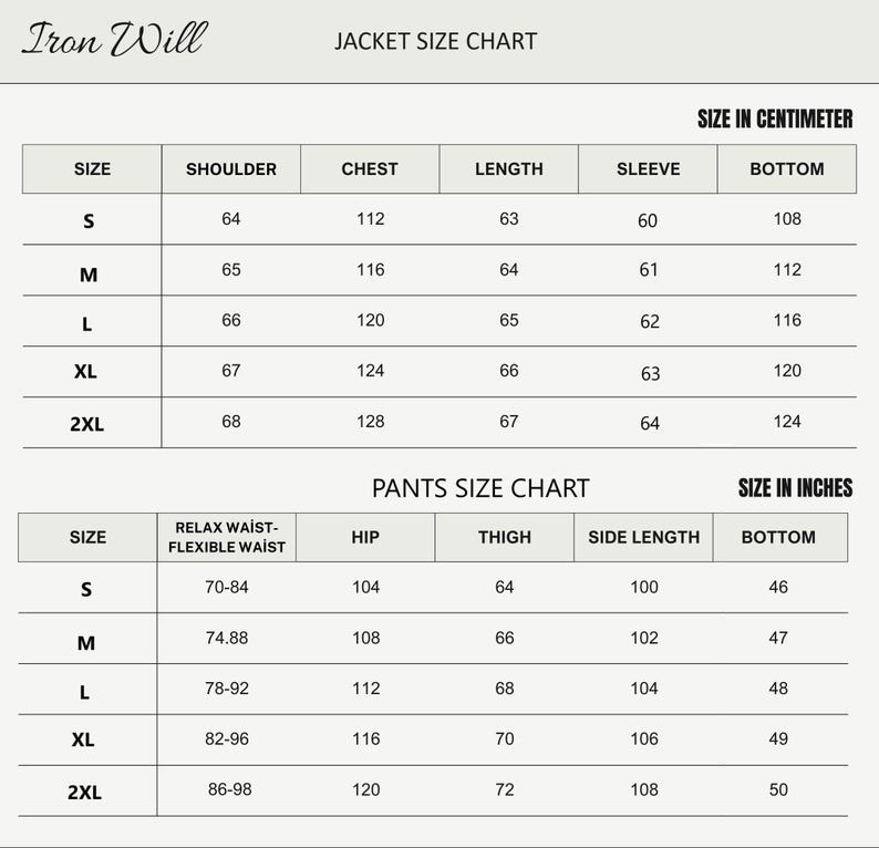 May include: Size chart for jackets and pants. The chart shows measurements in inches and centimeters for different sizes, including shoulder, chest, length, sleeve, bottom, hip, thigh, and side length.