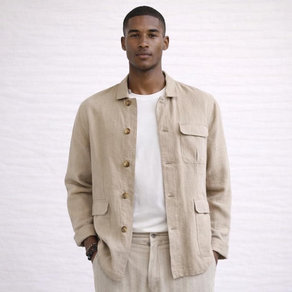 Men's Beige Linen Safari Jacket, Lightweight Button up Overshirt